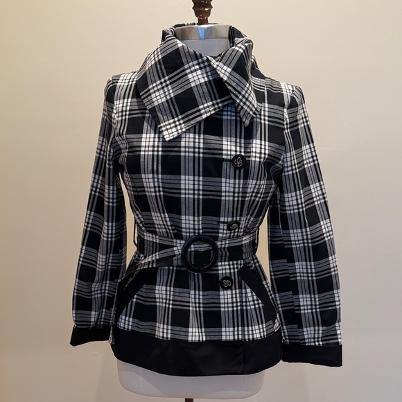 Guess Jackets & Blazers - Guess Black and White Plaid Coat with Belt